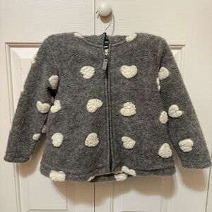 Lands' End Sherpa Lined Hooded Zip Grey Wool Jacket, Cream Hearts Girls Small 4
